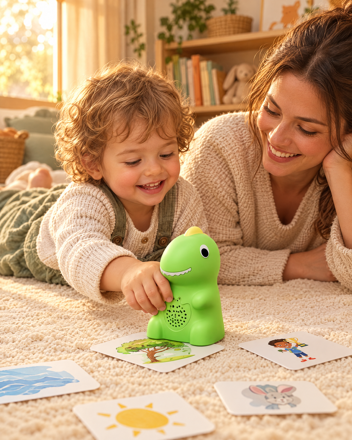 Parent and toddler playing with the dino on a play mat