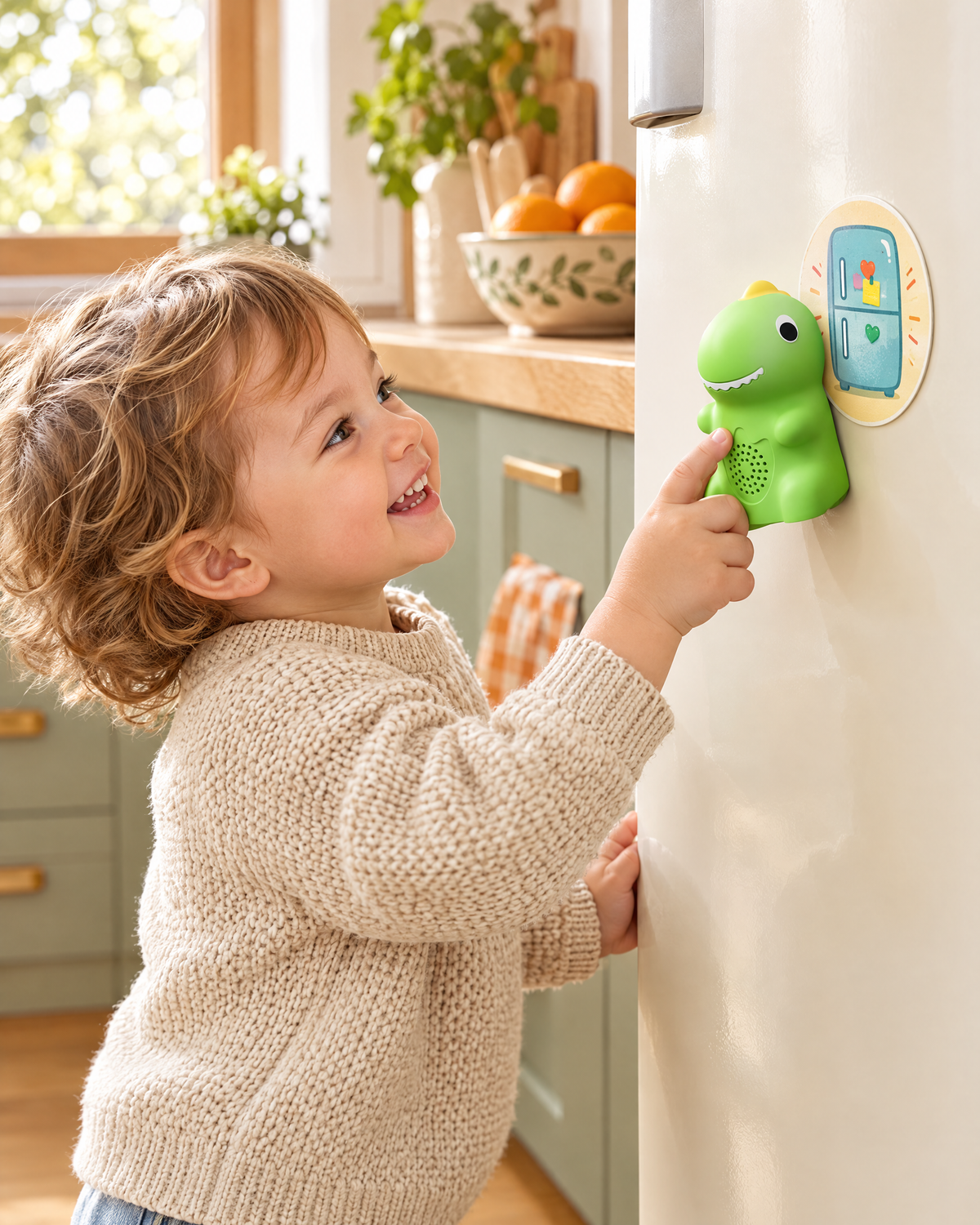 Toddler tapping the dino on a refrigerator sticker