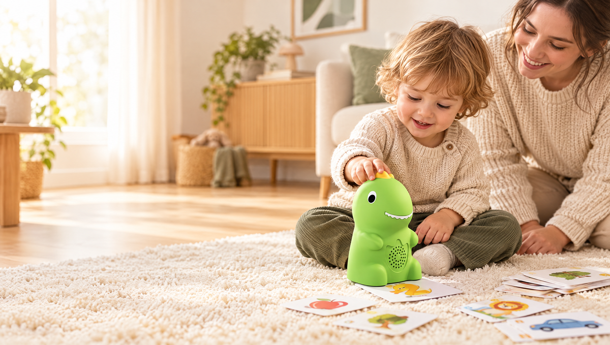 Toddler tapping the Zynalla Talking Dino on a picture card