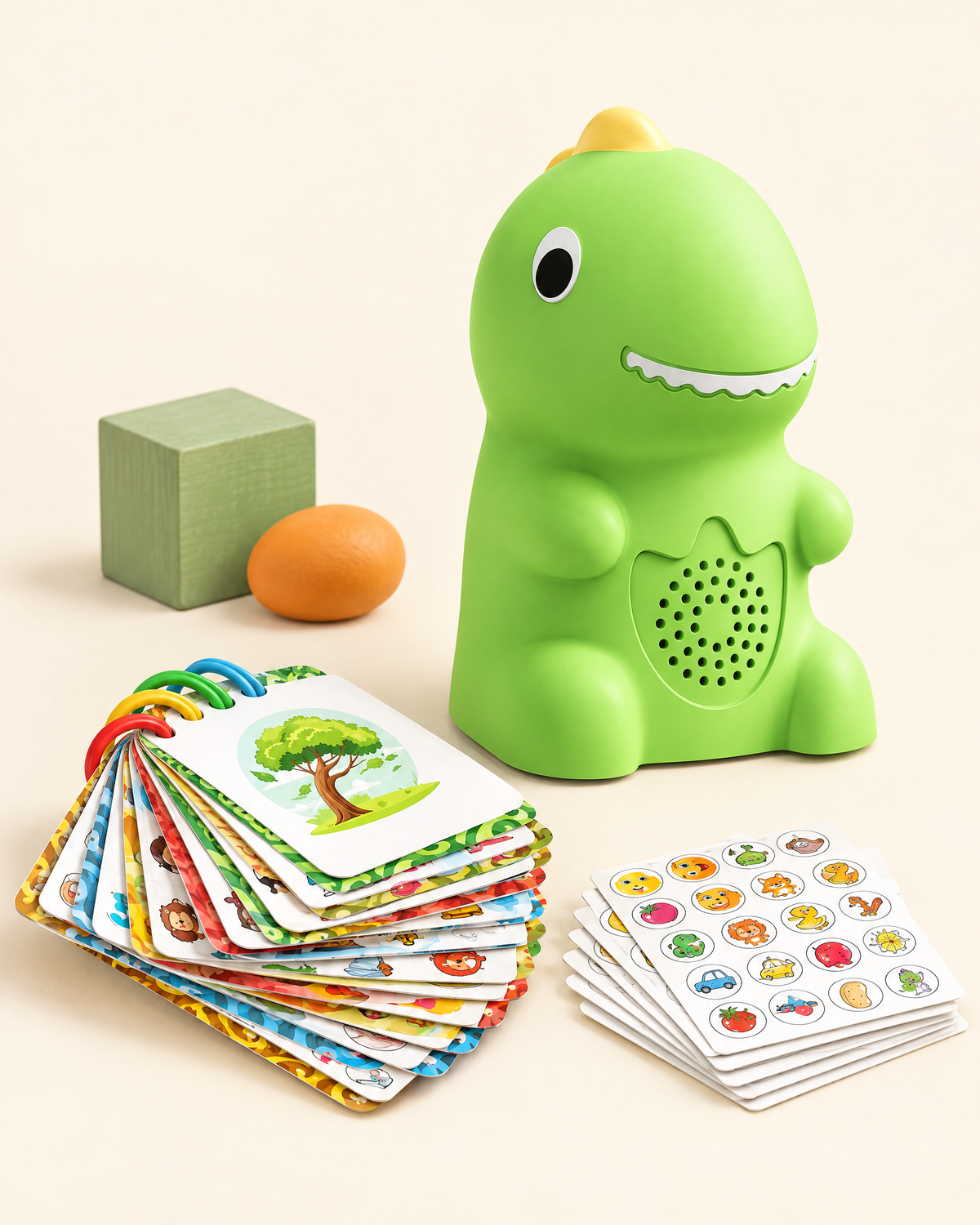 Zynalla Talking Dino with picture cards on a cream backdrop