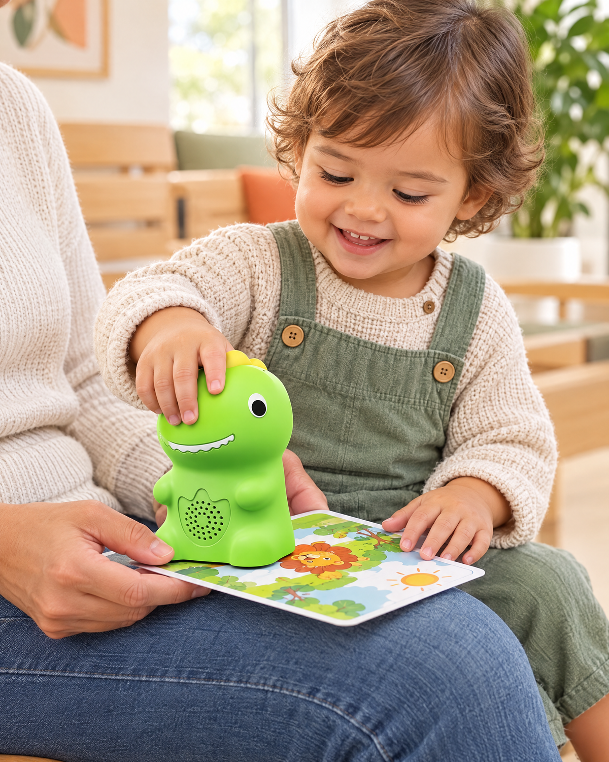 Toddler using the dino on a parent's lap in a waiting room