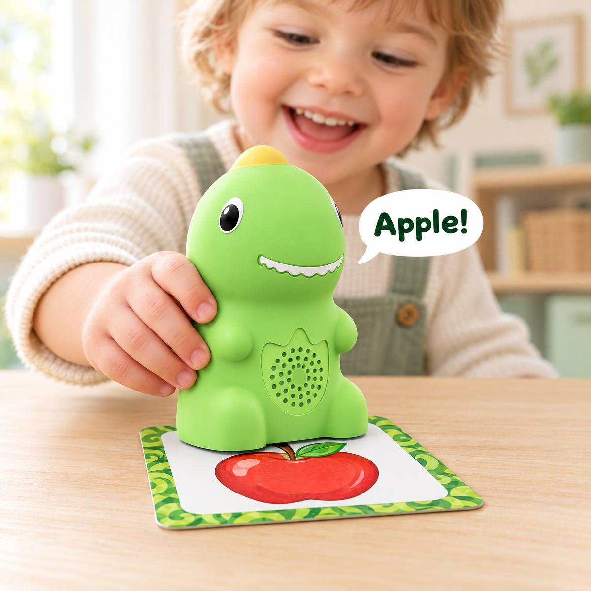Toddler tapping the dino on an apple picture