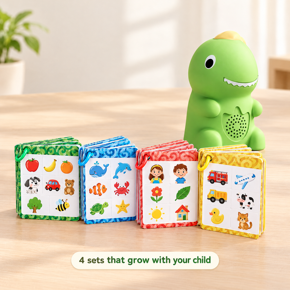 Four color-coded card sets next to the dino