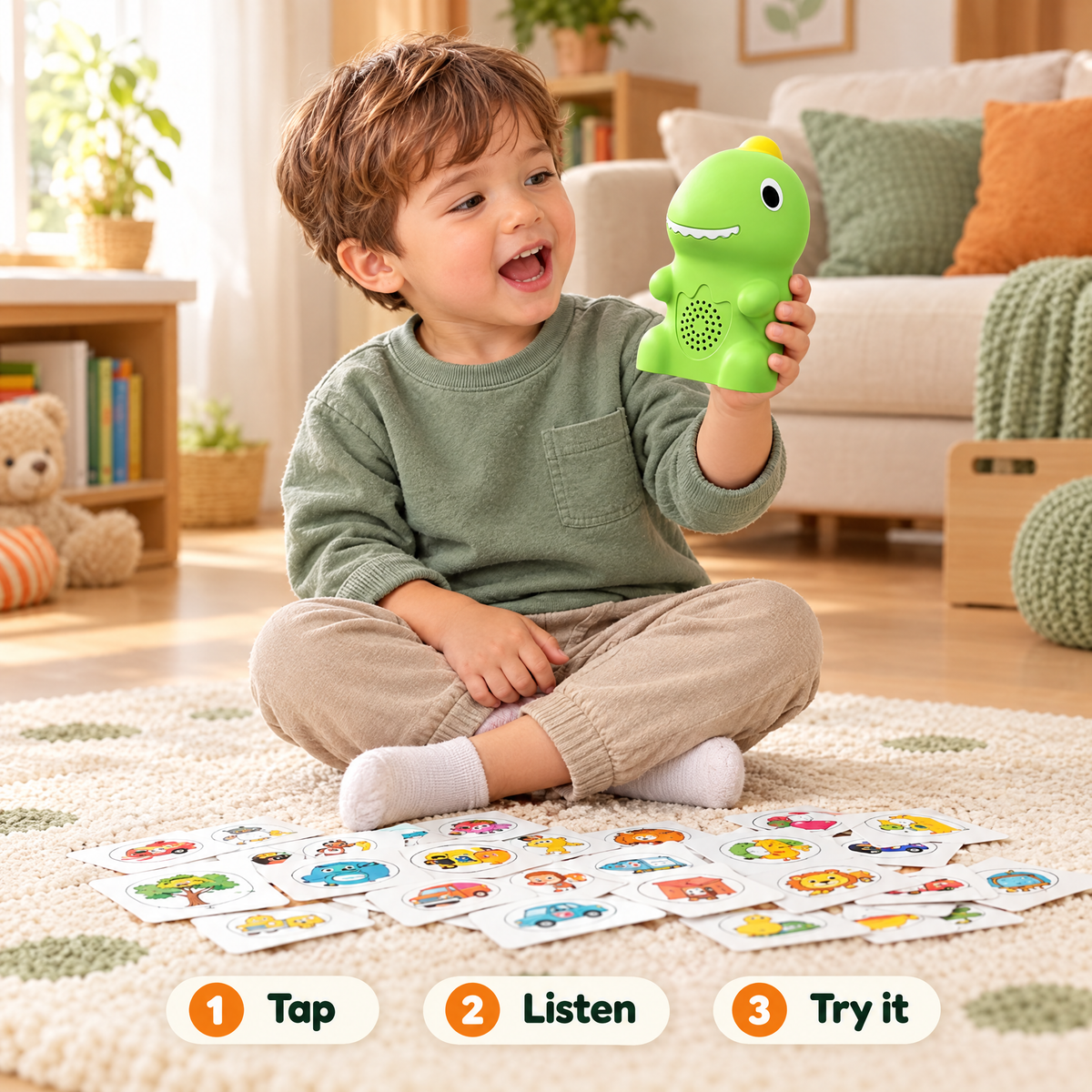 Toddler holding up the dino over picture cards