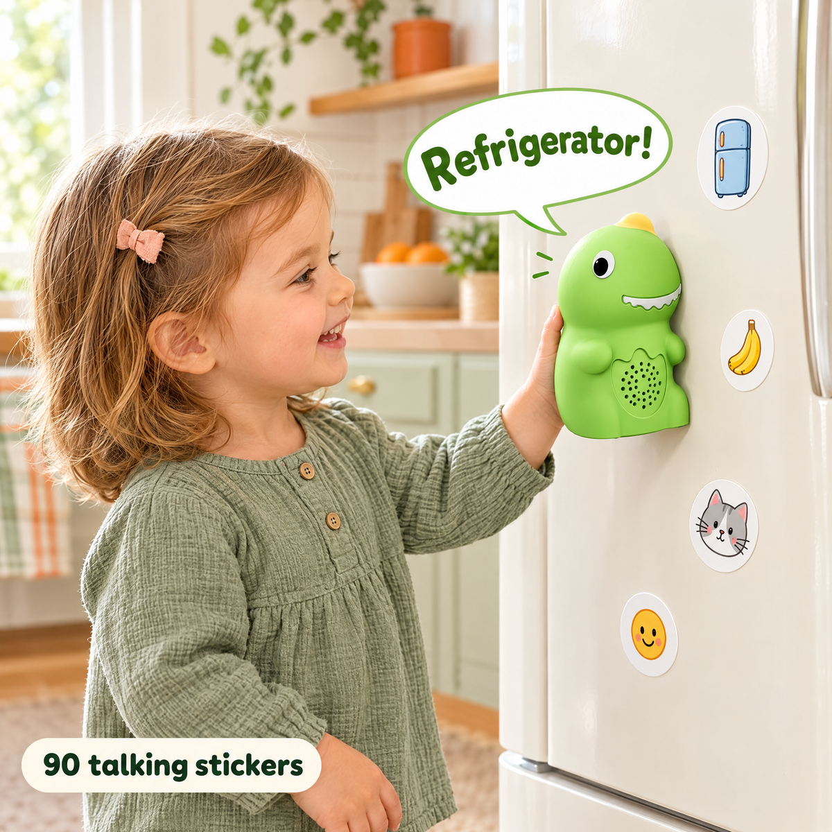 Toddler tapping a refrigerator sticker with the dino