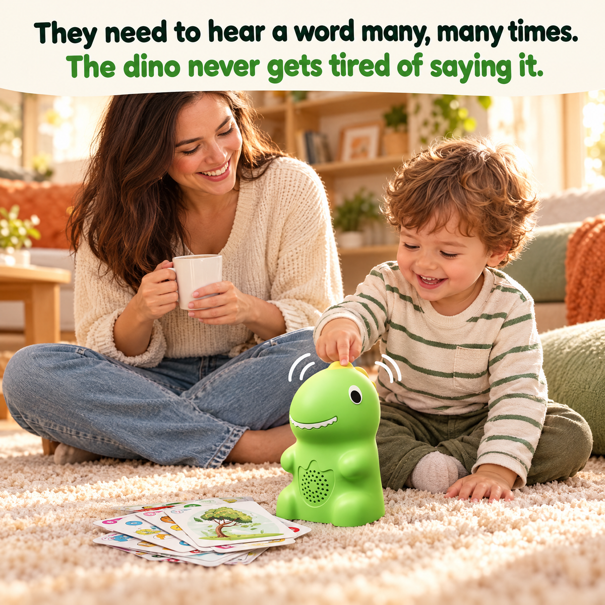Mom relaxing while her toddler taps picture cards with the dino