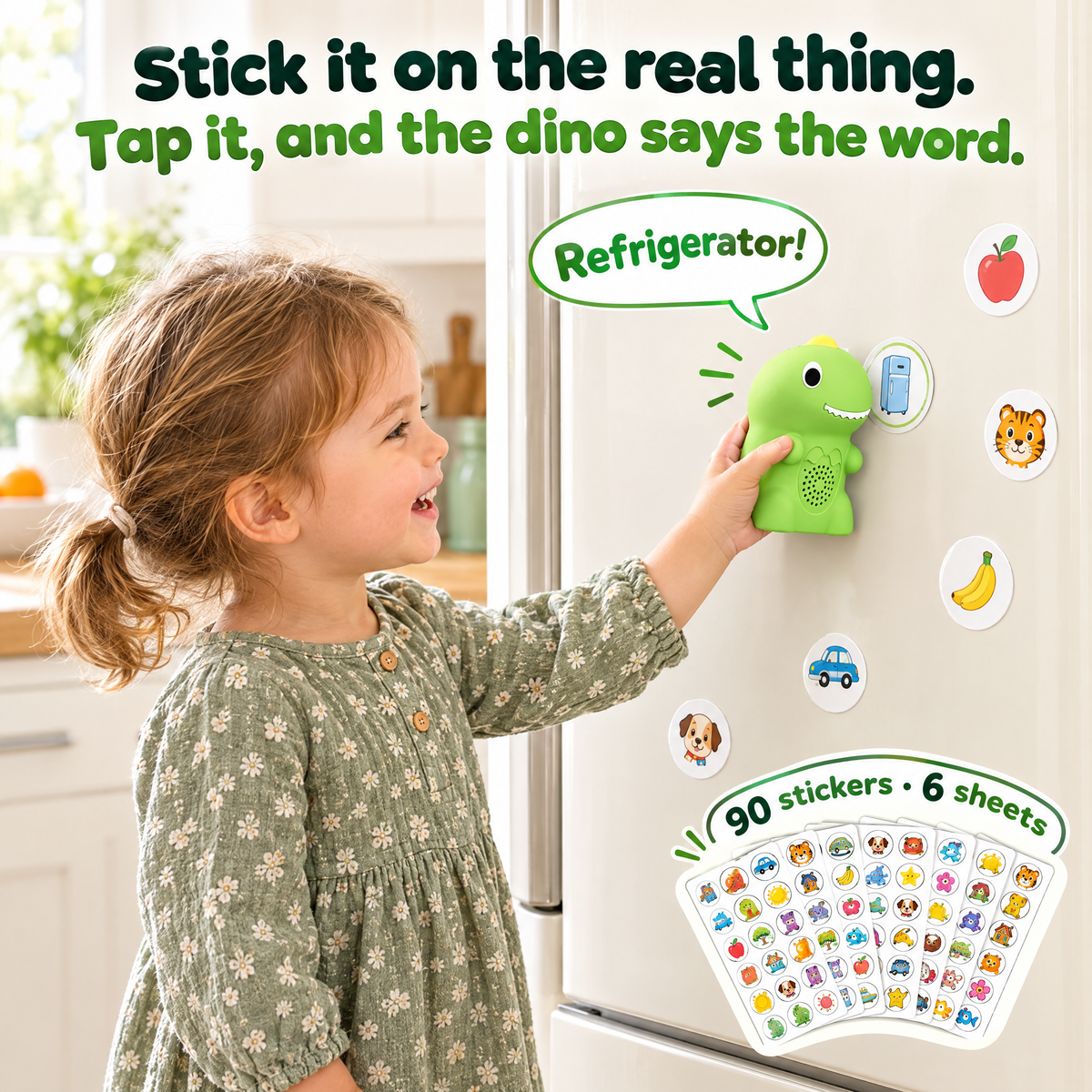 Toddler tapping the dino on a refrigerator sticker, with sticker sheets